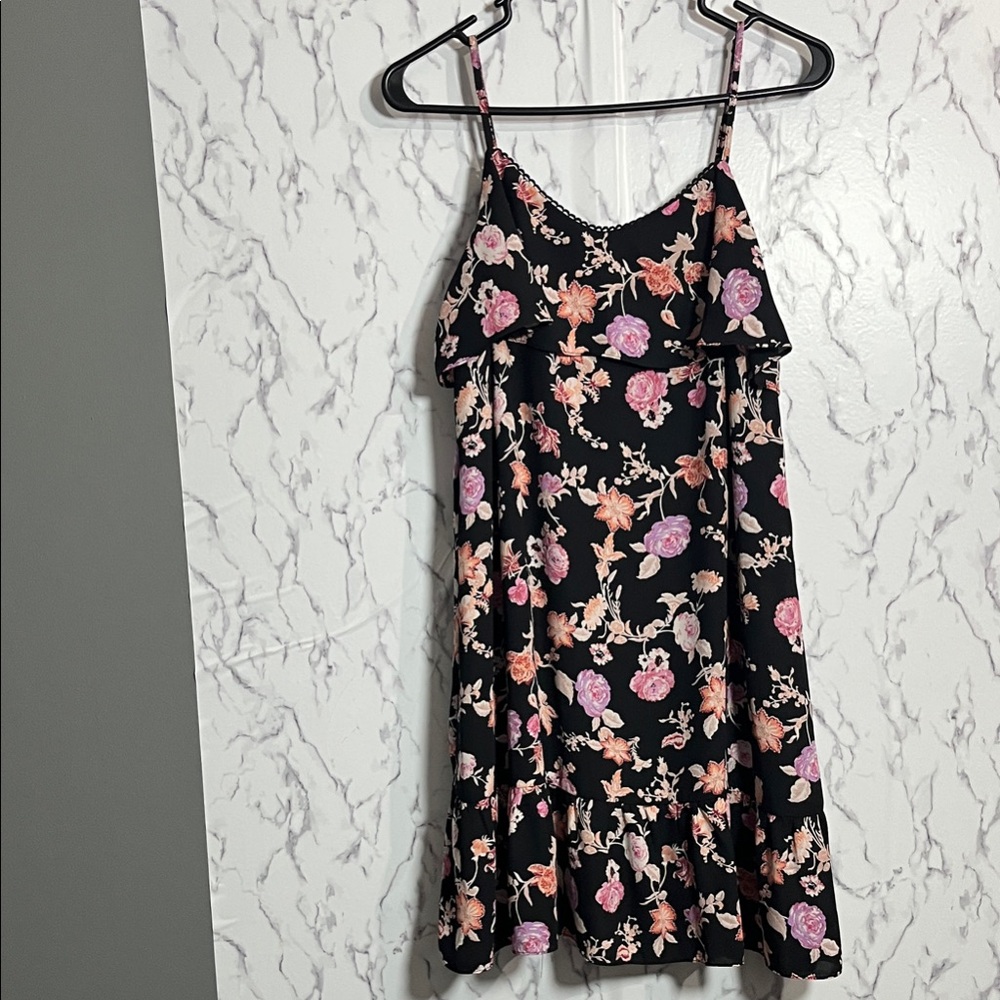 Xhilaration Black Mini Dress with Pink & Peach Floral Print